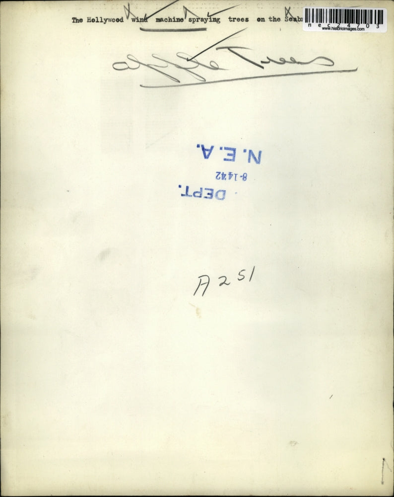 1942 Press Photo Hollywood Wind Machine Spraying Apple Trees