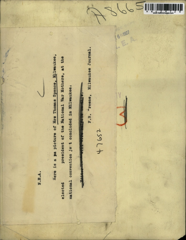 1927 Press Photo Mrs Thomas Spence Named President Of National War Mothers