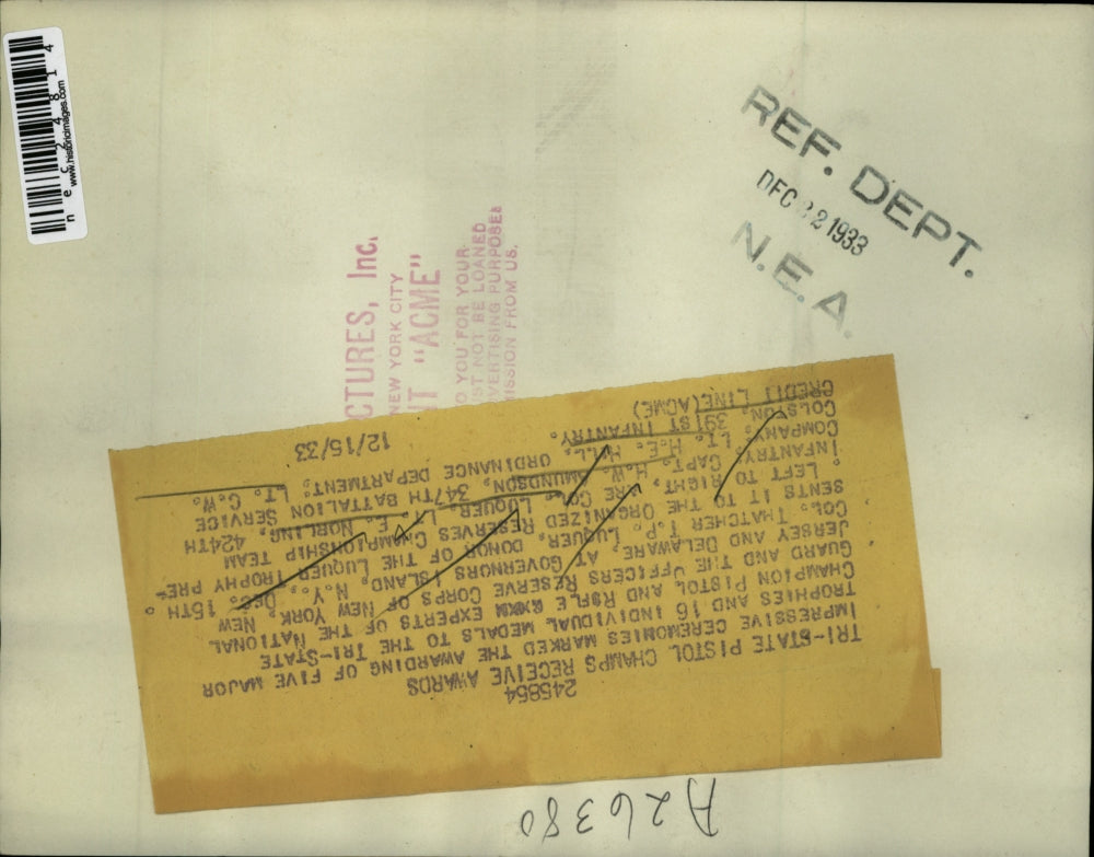 1933 Press Photo Tri State Pistol Champs Receive Awards