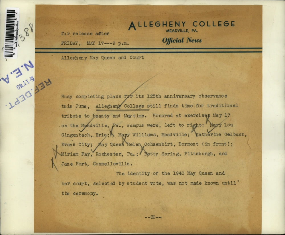 1940 Press Photo Alleghany College Mary Lou Gingenbach, Mary Williams, Katherine