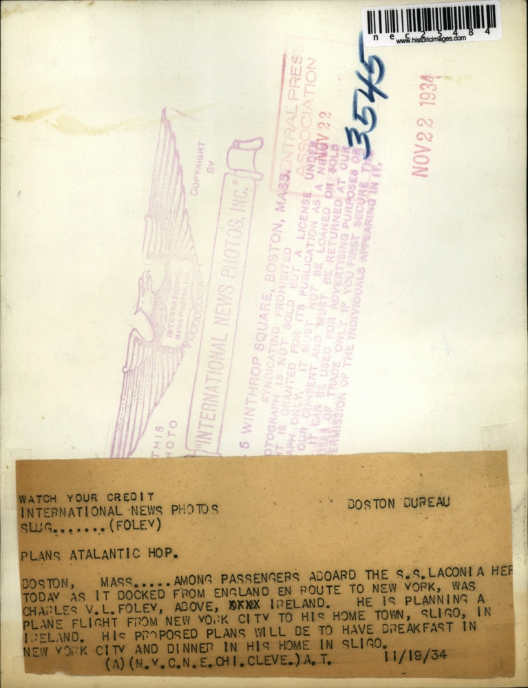 1934 Press Photo Charles foley plans Atlantic Hop