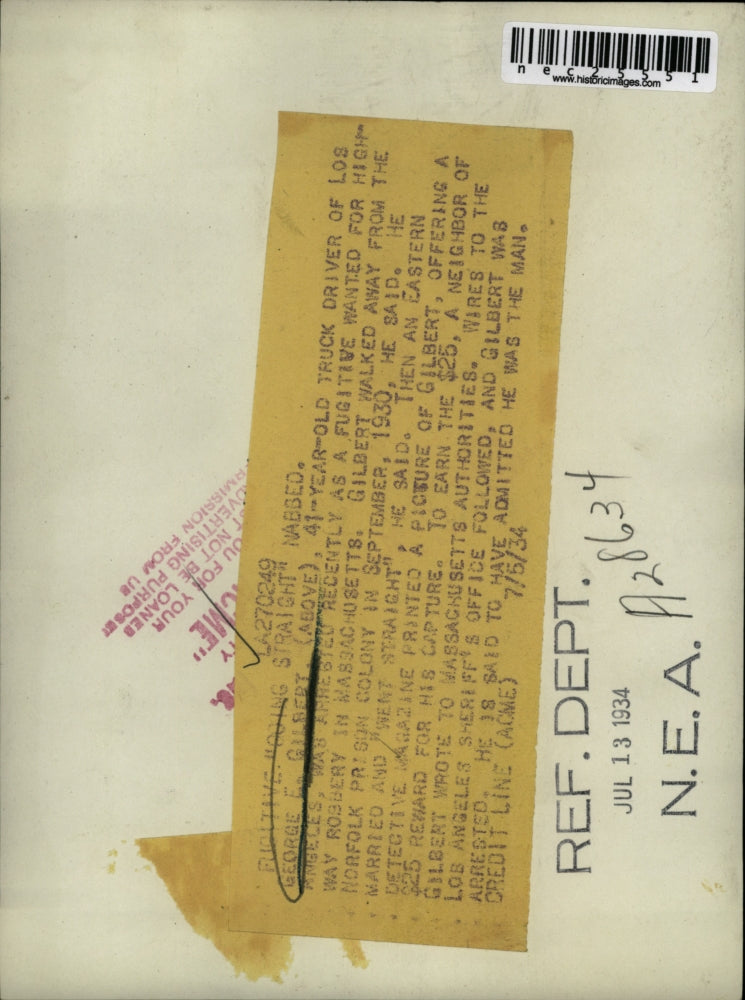 1934 Press Photo George E. Gilbert, Fugitive Who Went Straight Was Nabbed