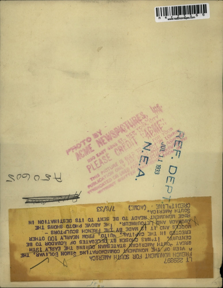 1933 Press Photo Monument of Simon Bolivar great Statesman during early 1800