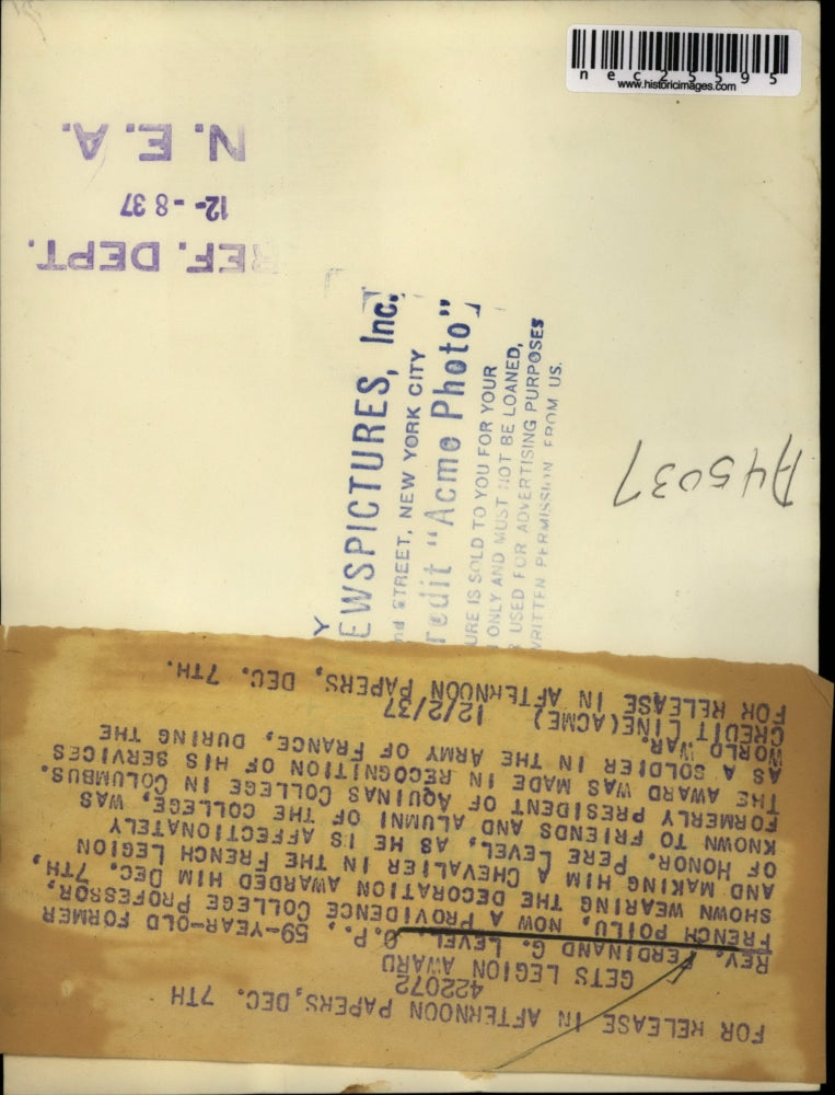 1937 Press Photo Reverend Ferdinand G Level In French Legion of Honor