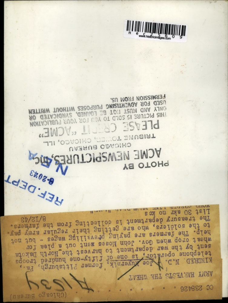 1943 Press Photo Joe Muyernik sent by war department to harvest wheat