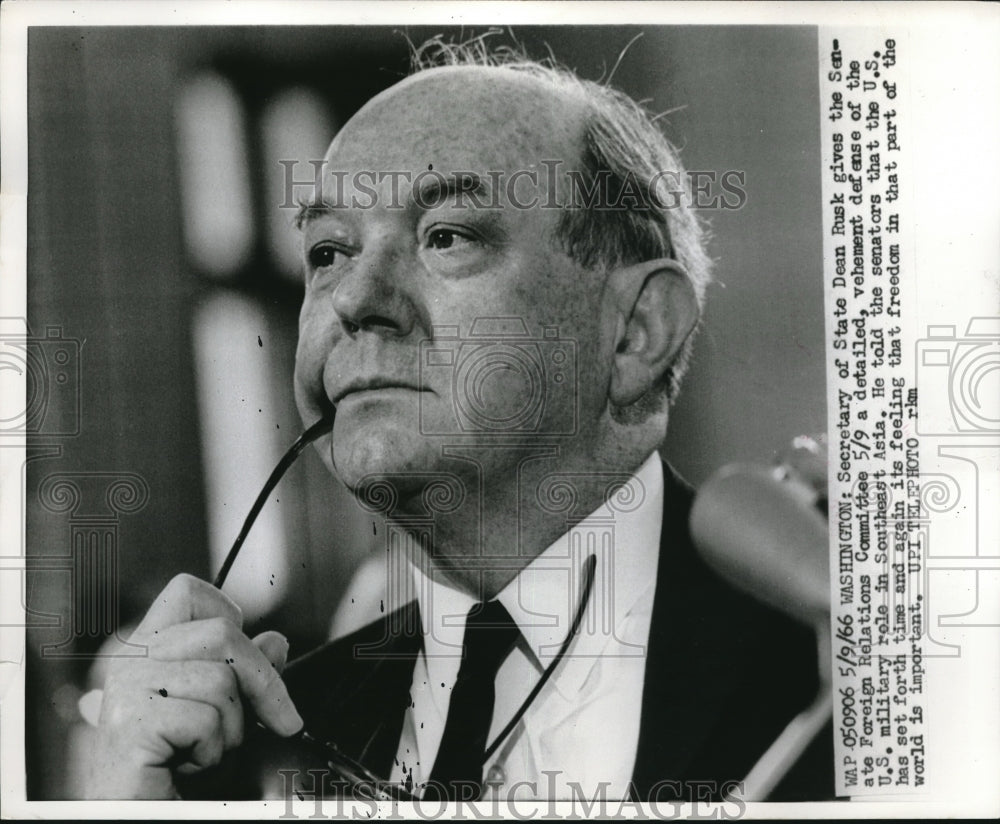 1966 Press Photo Secretary Of State Dean Rusk Defends Vietnam War To Senate- Historic Images