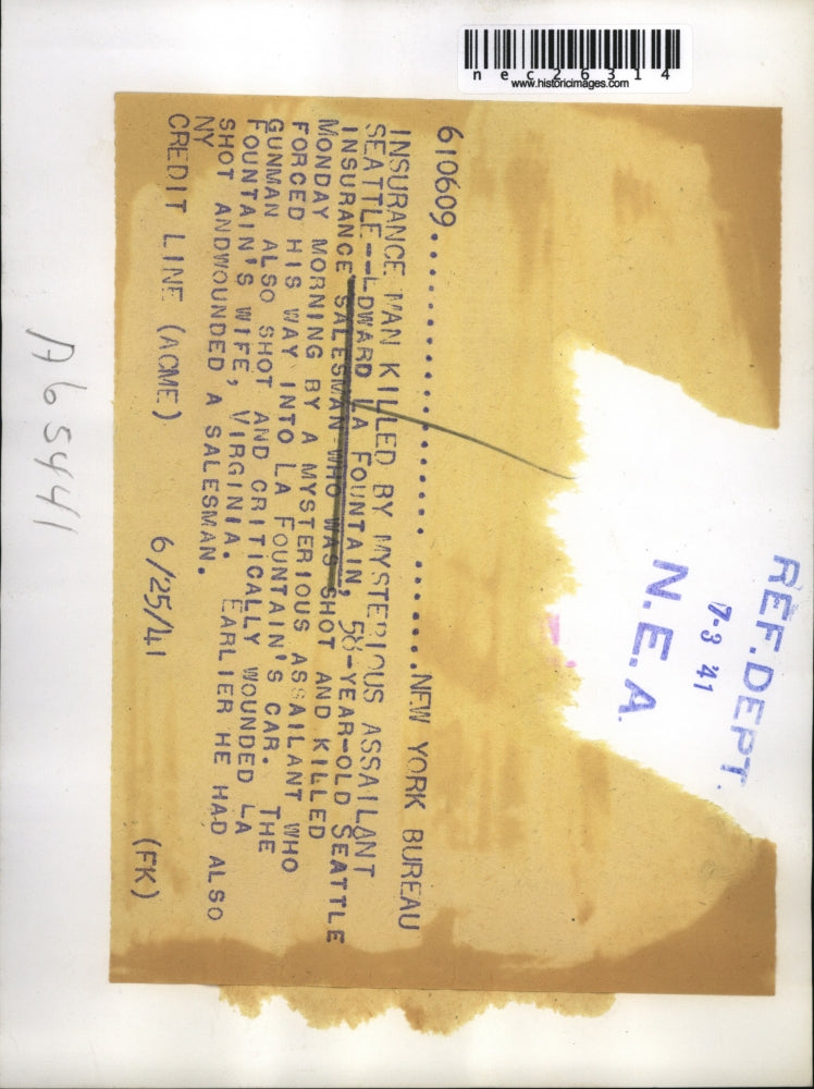 1941 Press Photo Insurance Salesman Edward La Fountain Shot & Killed