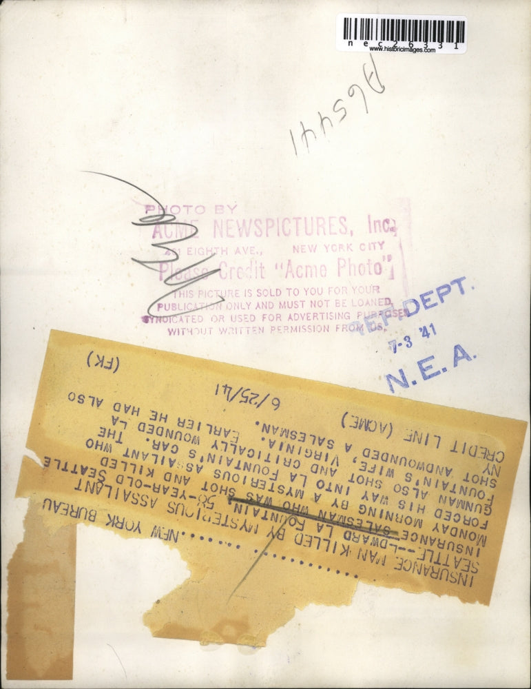 1941 Press Photo Insurance man Edward La Fountain killed by mysterious killer