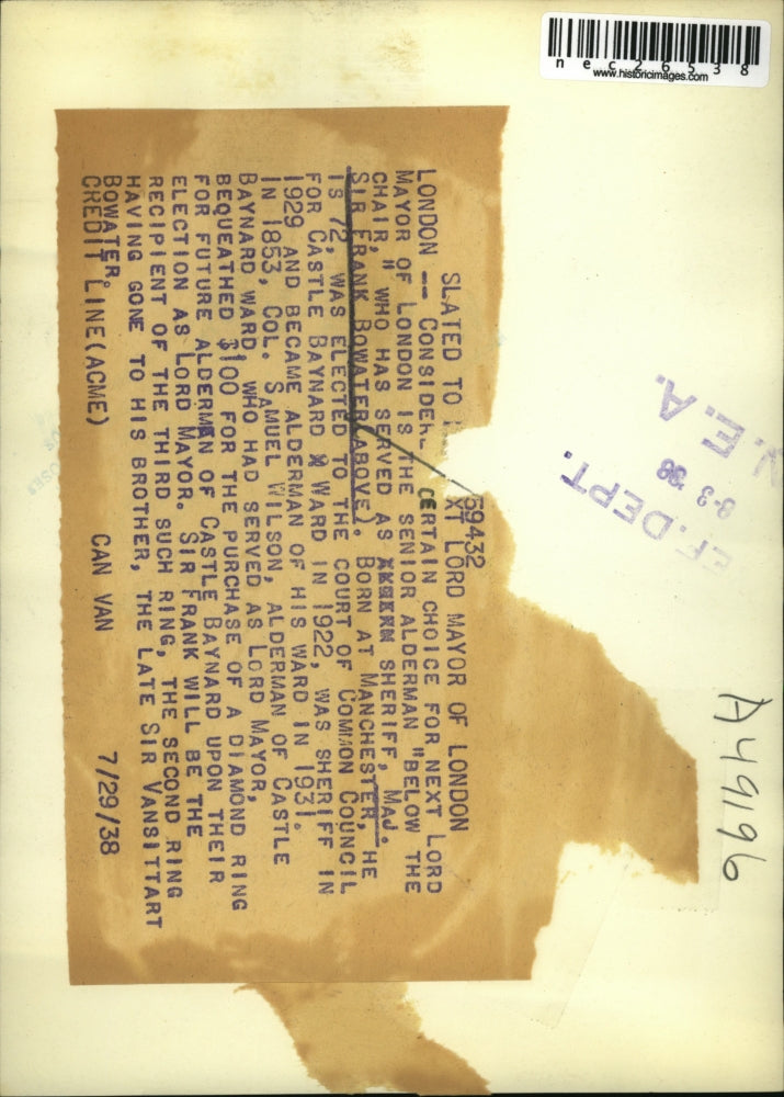 1938 Press Photo Maj Sir Frank Bowater Senior Alderman