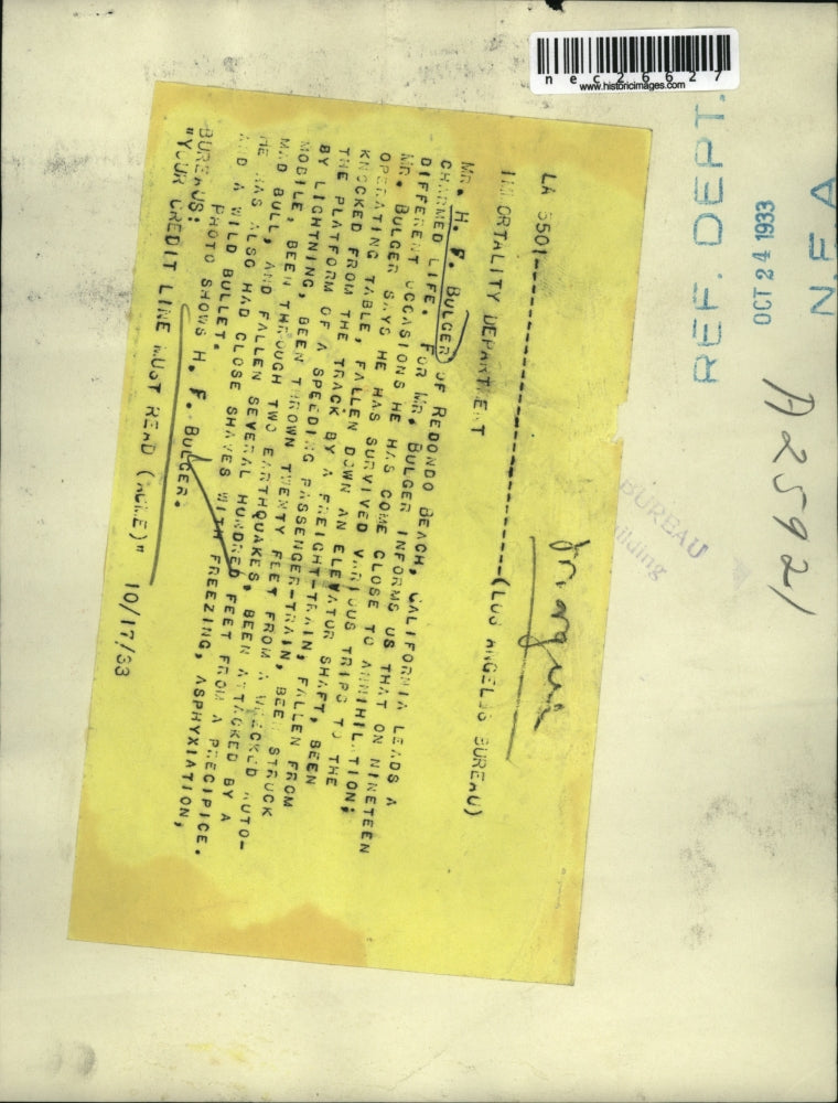 1933 Press Photo HF Bulger Is Immortal And Has Beat Death Nineteen Times