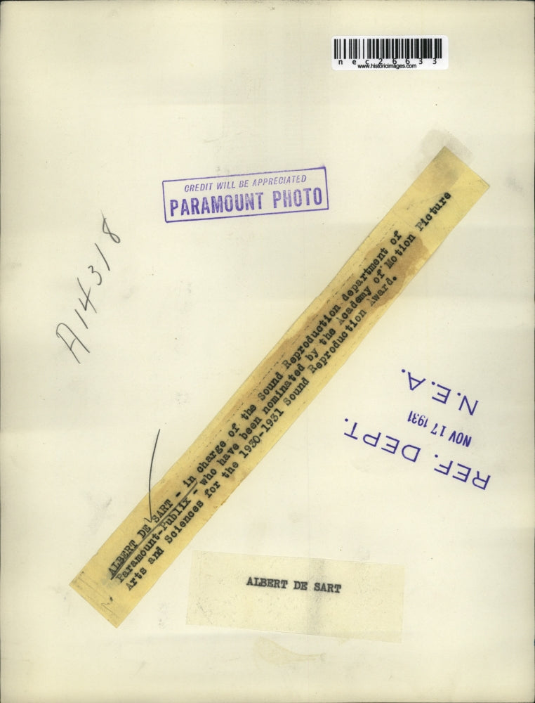 1931 Press Photo Albert De Sart Award Winning Paramount Sound Department Head