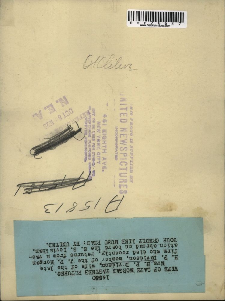 1925 Press Photo Mrs. HP Davidson Wife Of Deceased JP Morgan Exec On Ship