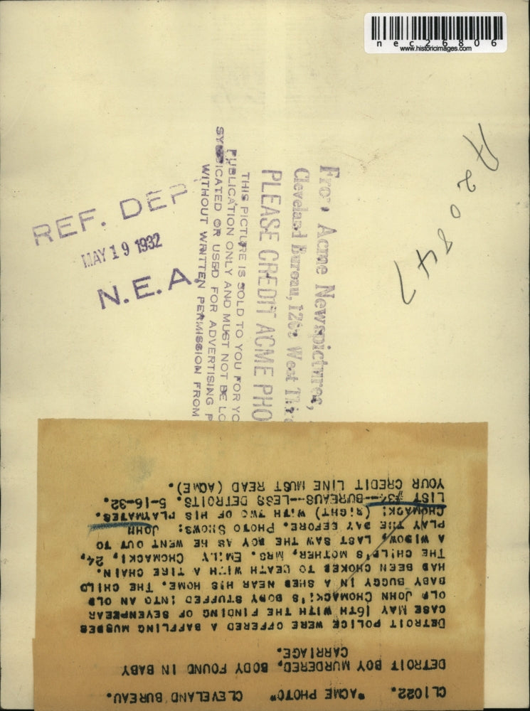 1932 Press Photo John Chomacki's Body is Found Strangled with Tire Chain