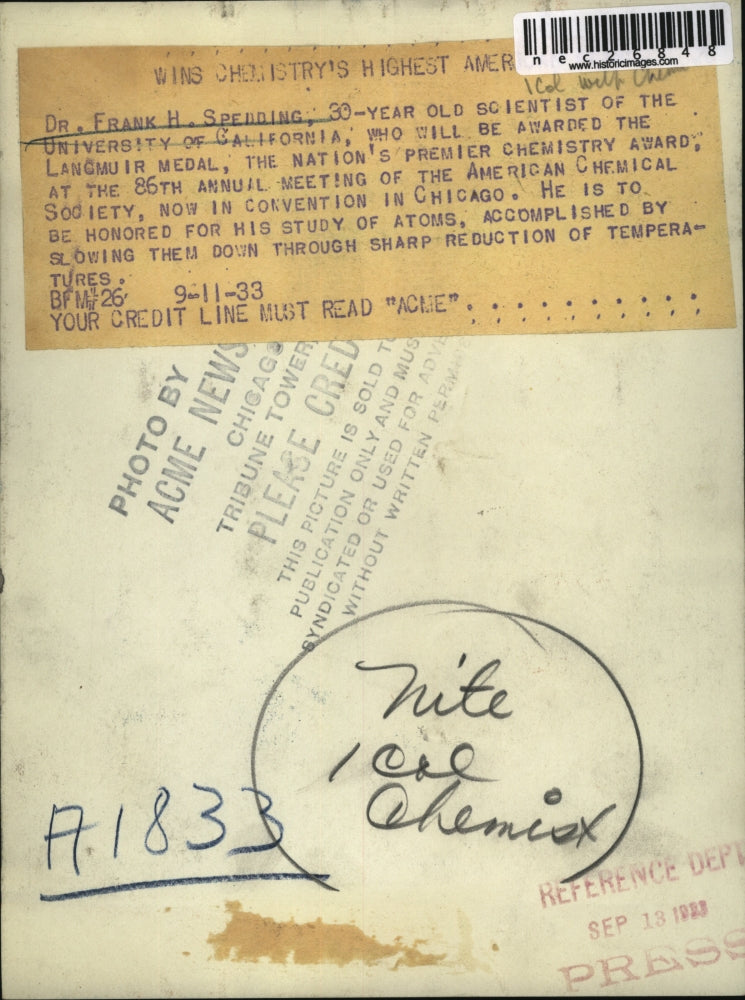 1923 Press Photo Doctor Frank Spedding University Of California Chemical Society