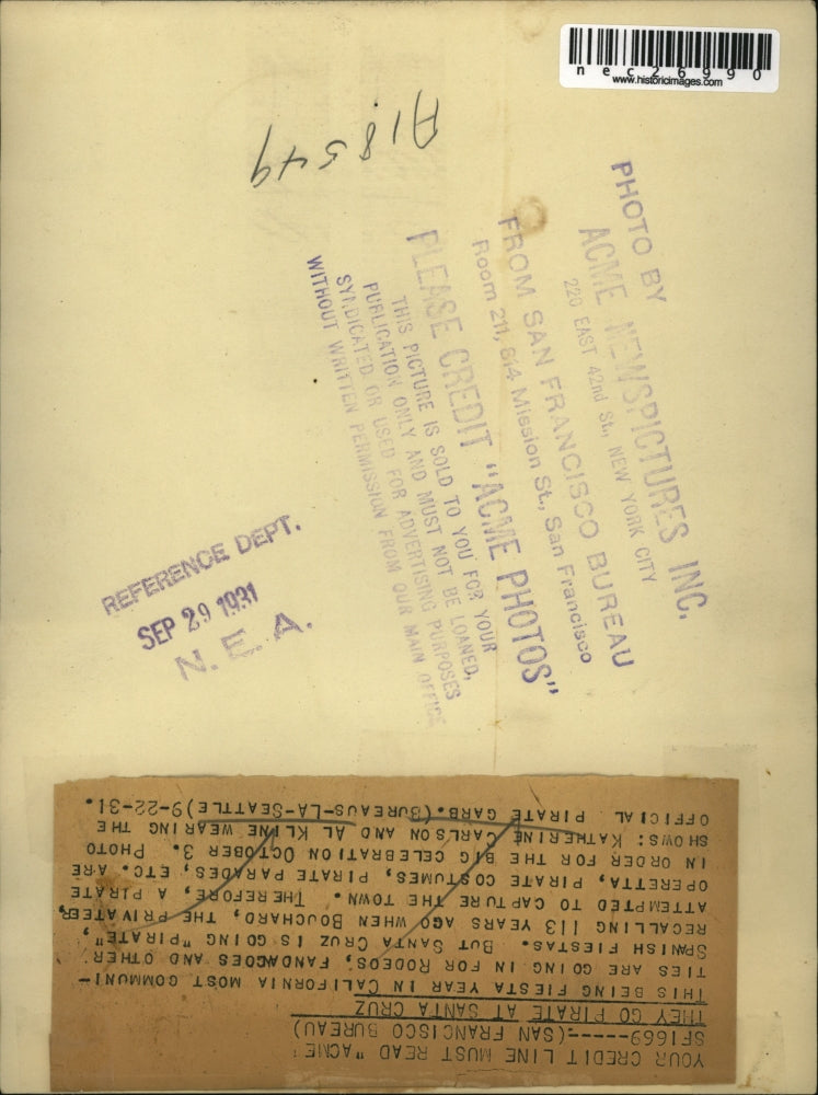 1931 Press Photo Katherine Carlson & Al Kline Wear Pirate Garb in Santa Cruz