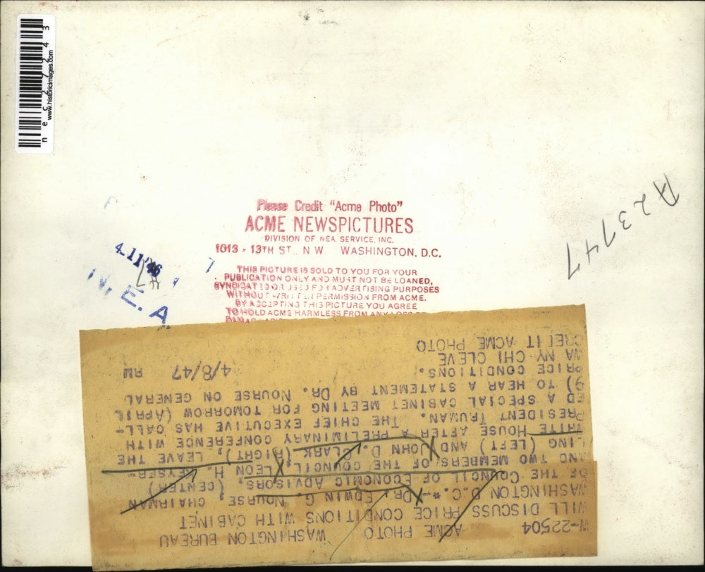 1947 Press Photo Dr.Edwin G. Nourse, Leon H. Keyserling and John D. Clark