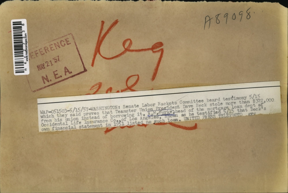 1957 Press Photo Senate Labor Rackets Committee, Union President Dave Beck