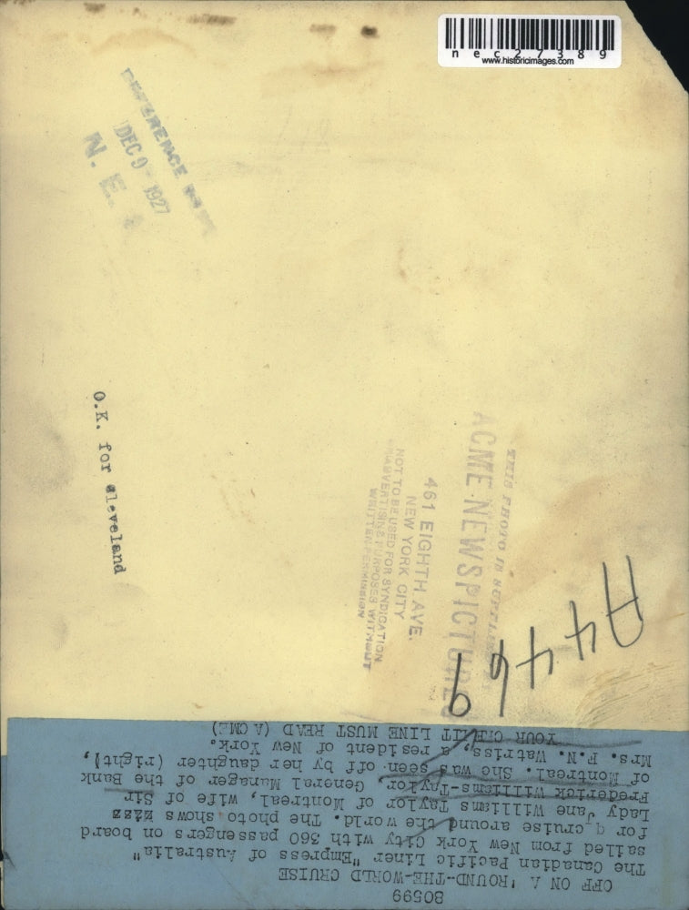 1927 Press Photo Lady Jane Williams Taylor, Mrs Watriss round The World Cruise