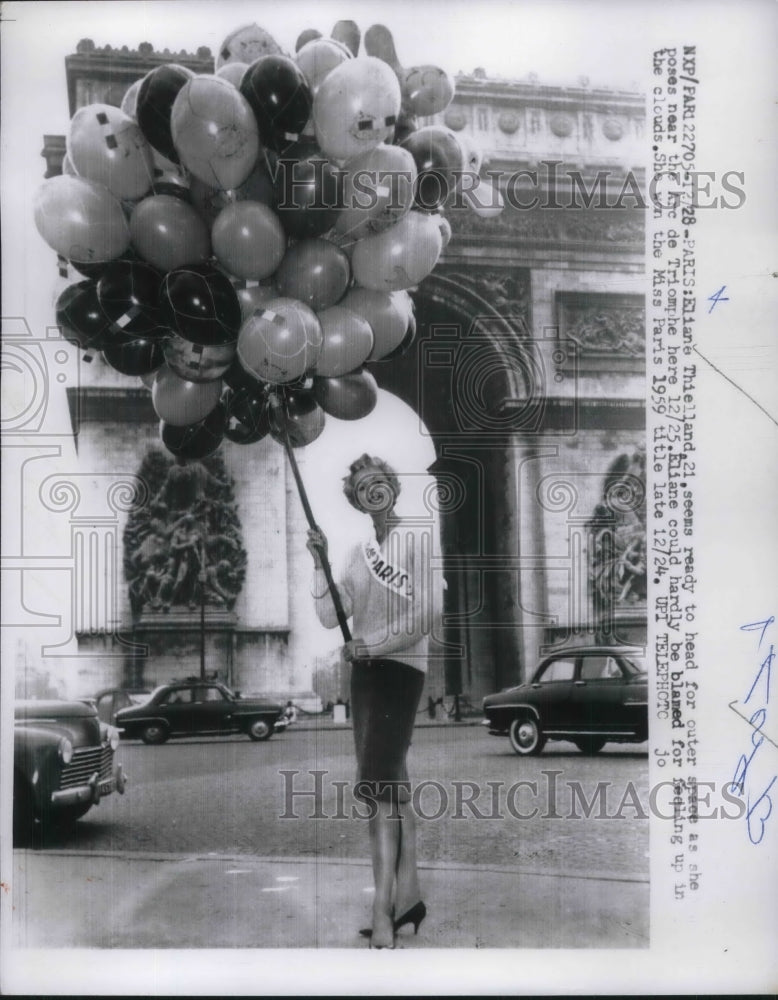1958 Press Photo Eliane Thielland Miss Paris With Balloons At Arc Di Triomphe