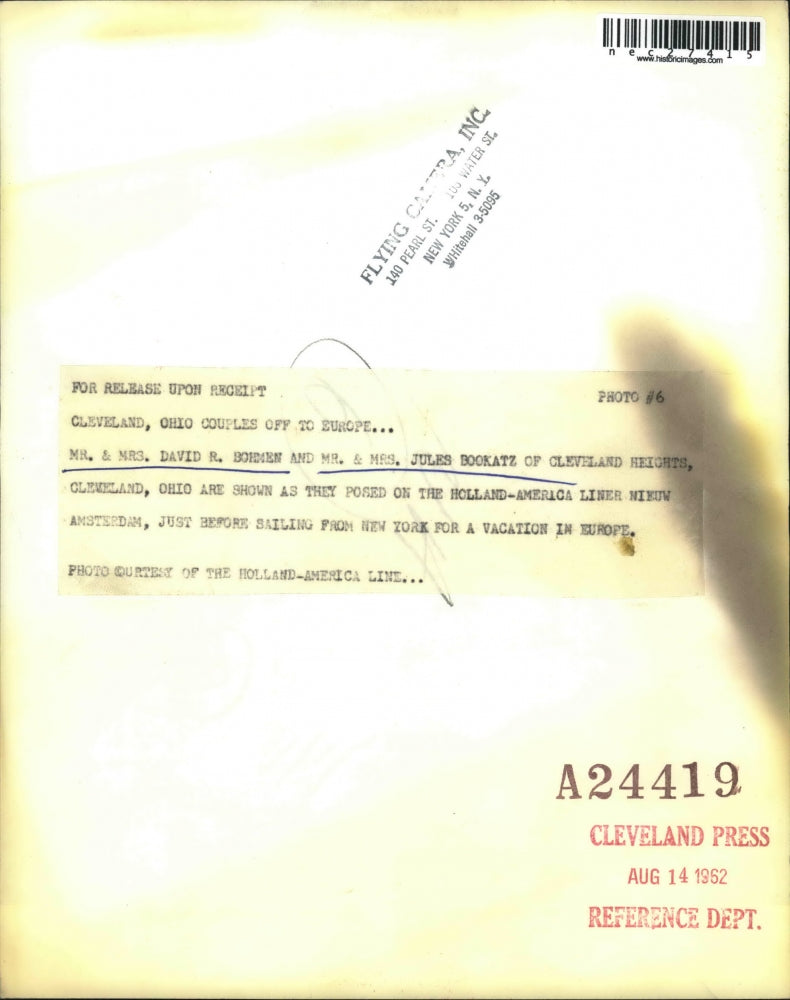 1962 Press Photo Bohmen and Bookatz Family posing on Holland-America Liner