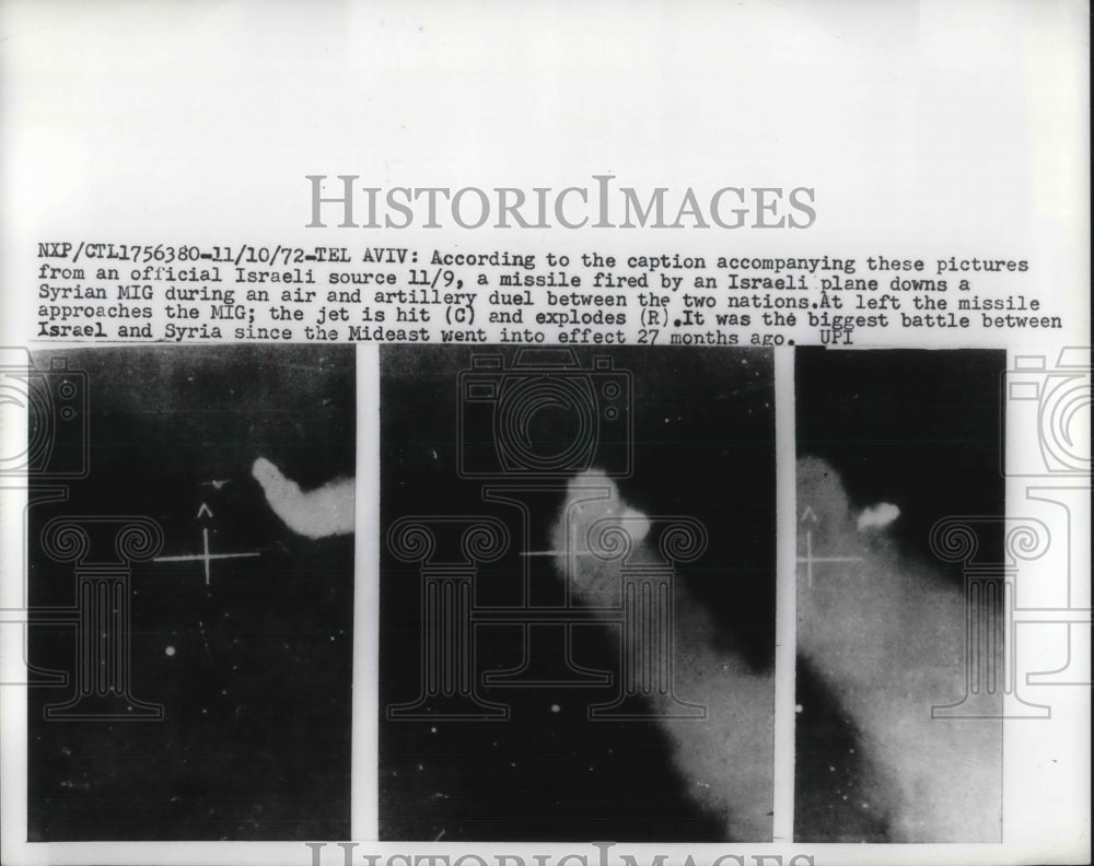 1972 Press Photo Israeli plane missile to Syrian MIG during duel between nations