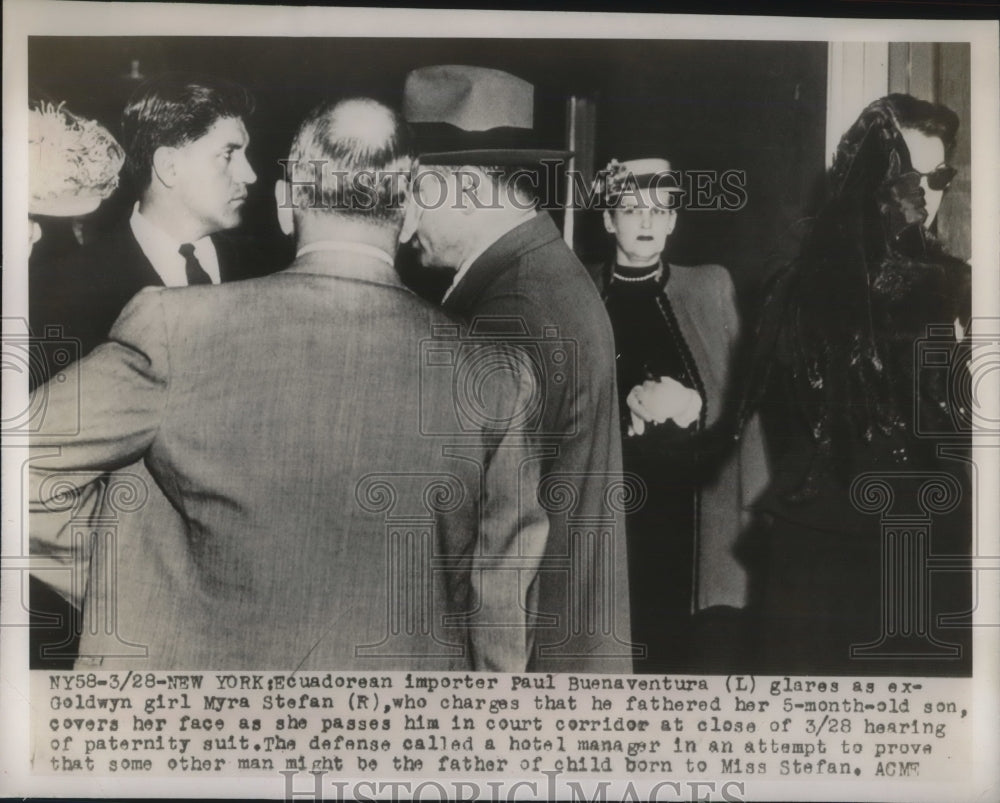 1949 Press Photo Paul Buenaventura glares at ex golden girl Myra Stefan