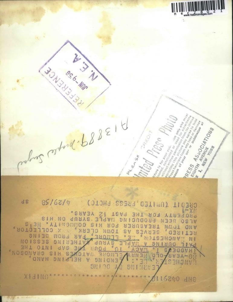 1958 Press Photo Grandpa teaches grandson how to SAP a maple tree