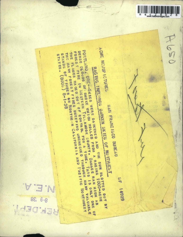 1938 Press Photo Raging forest fires scour the northwest skies