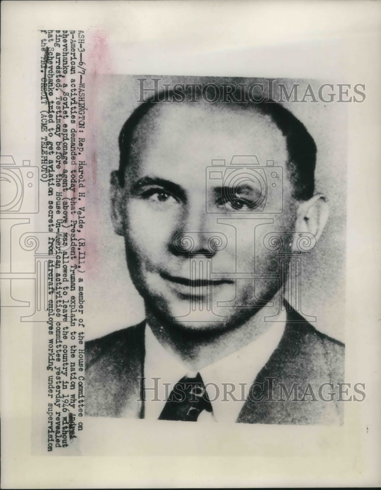 Load image into Gallery viewer, 1949 Press Photo Rep Harold Velde member of the House Com on American Activities
