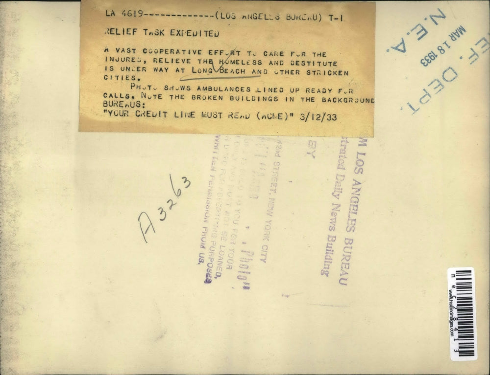 1933 Press Photo Emergency Relief Task Helps Long Beach Earthquake Victims