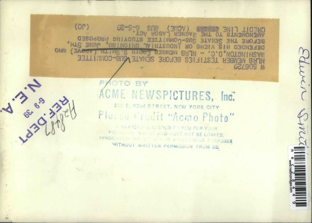 1929 Press Photo NLRB member Edwin Smith at Senate Sub Committee hearing