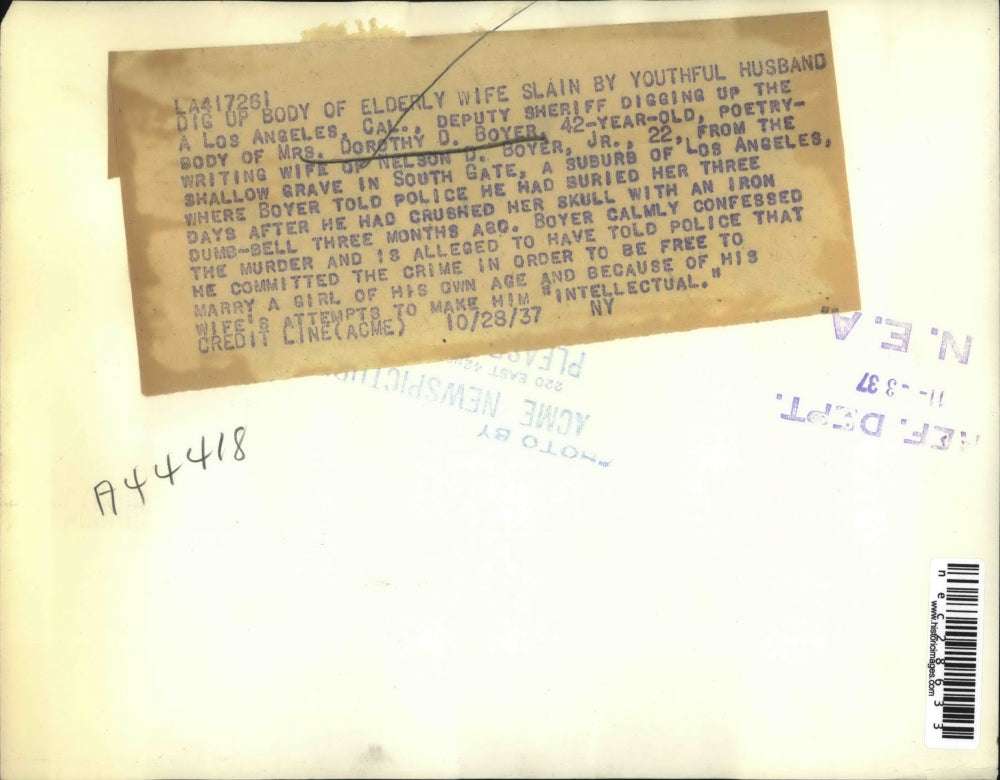 1937 Press Photo Cop Digs Up Body Bag Of Murder Victim Dorothy Boyer Near LA