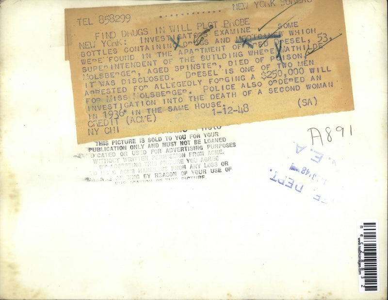 Load image into Gallery viewer, 1948 Press Photo Find drugs in Will plot probe
