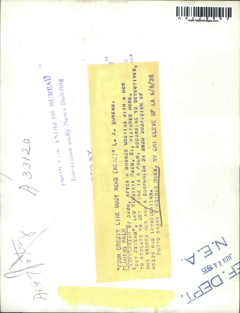 1935 Press Photo Virginia Reed Booked For Suspicion Of Arson And Intoxication