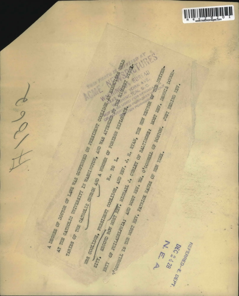 1928 Press Photo Catholic University Mrs Coolidge, President Coolidge, Rev RH Ry