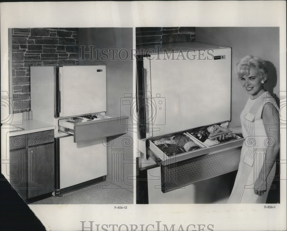 1962 Press Photo Westinghouse Co. new center drawer refrigerator on display- Historic Images