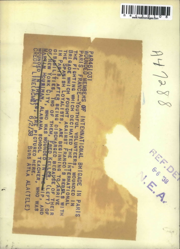 1938 Press Photo Fred Keller and Martin Hourihan, youthful volunteers wounded.