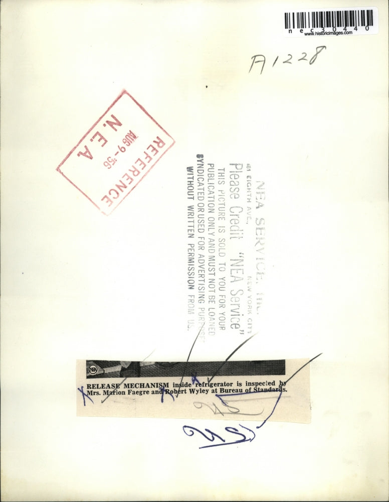 1956 Press Photo safety release mechanism inside refrigerator