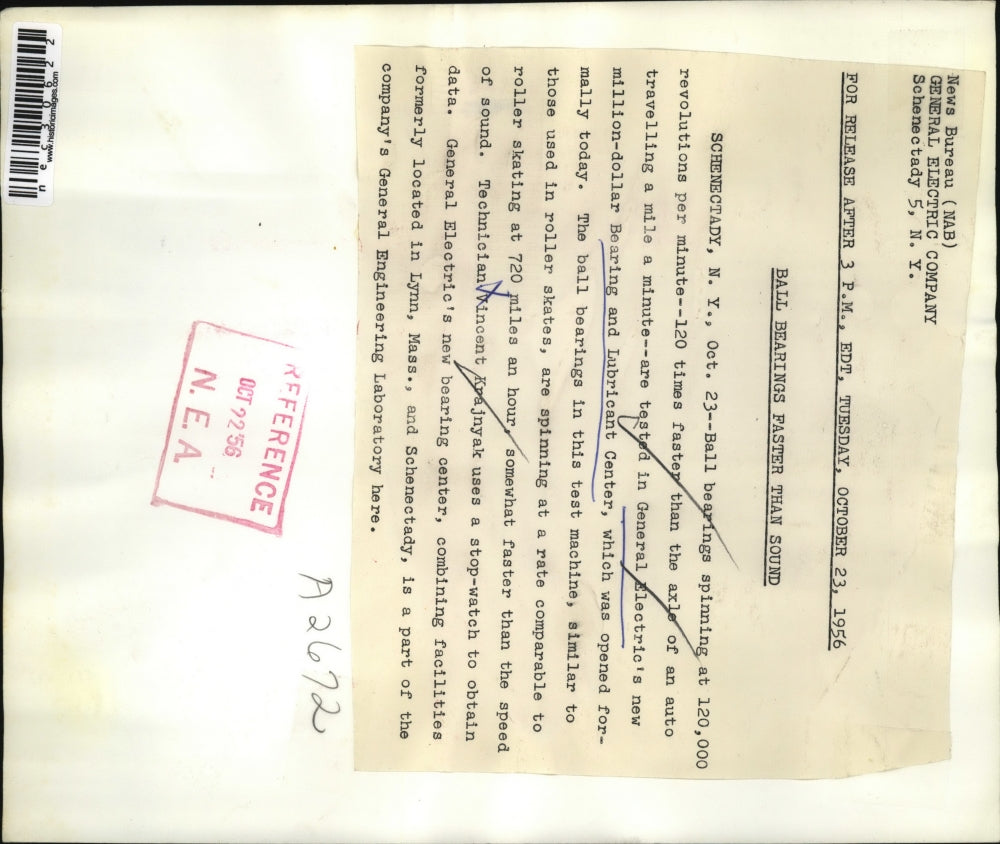 1956 Press Photo Ball Bearings Spinning Test at General Electric - nec30622