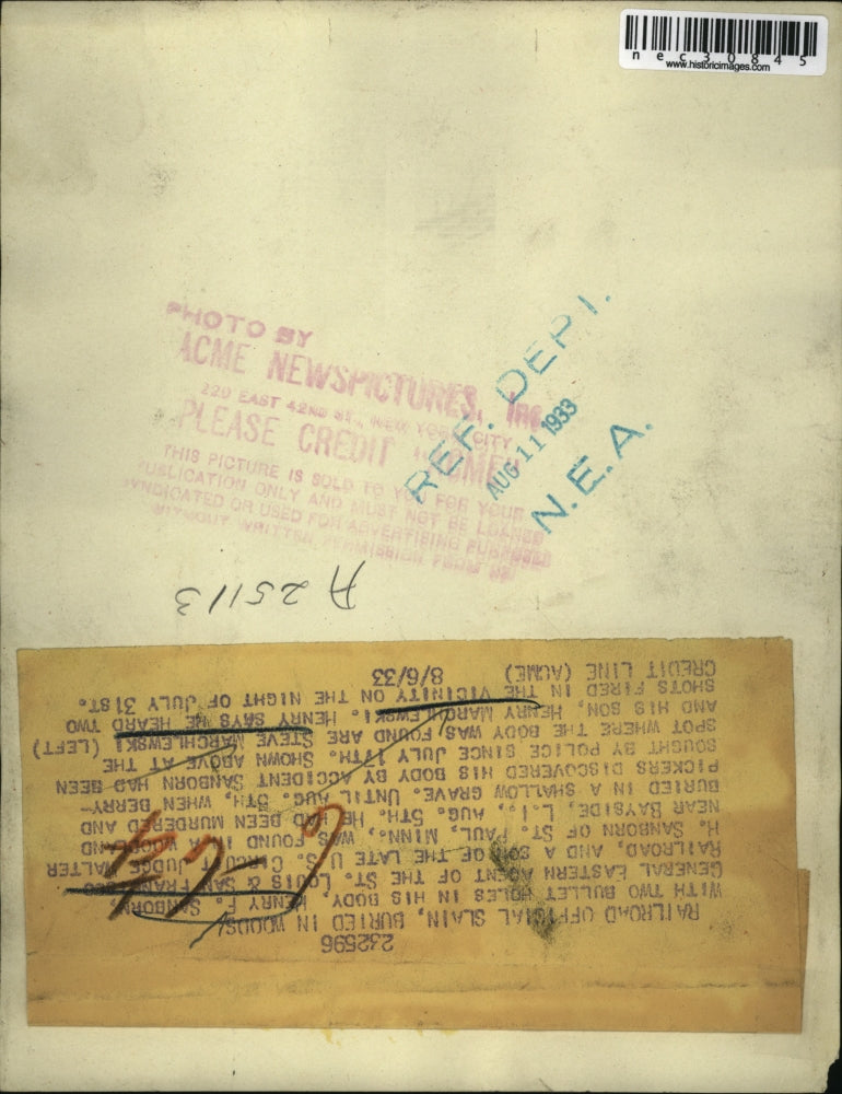 1933 Press Photo Railroad official Henry Sanborn slain buried in woods