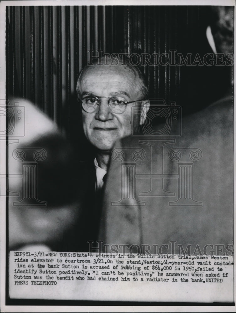 1952 Press Photo Witness in Willie Sutton Trial James Weston Testifying