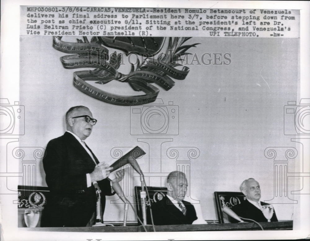 1964 Press Photo Caracas, Venezuela Pres. R Betancourt, B Prieto,VP H Santaella