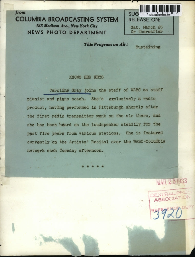 1933 Press Photo Caroline Gray, staff of WABC pianist & coach for CBS