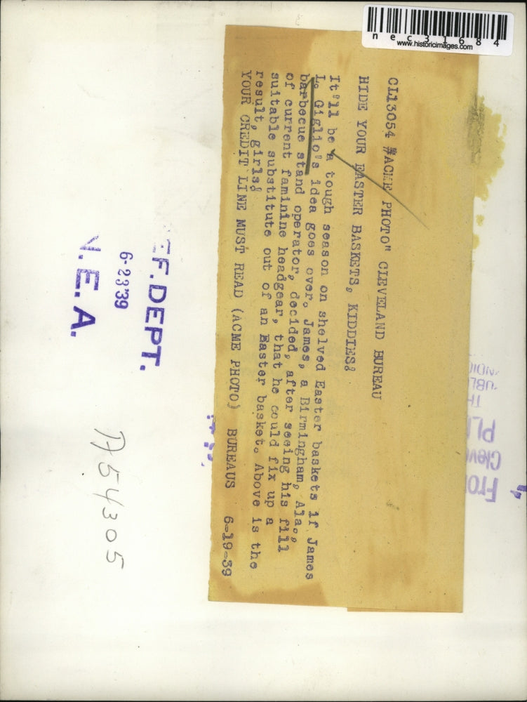 1939 Press Photo James L Giglio of Birmingham. Ala in Easter basket hat