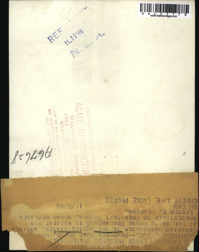 1946 Press Photo Canadian Envoy Humphrey Hume Wrong Arrives In Washington, D.C.