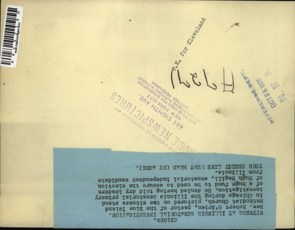 1926 Press Photo Rev. Robert O'Brien, Witness Illinois Senatorial Investigation