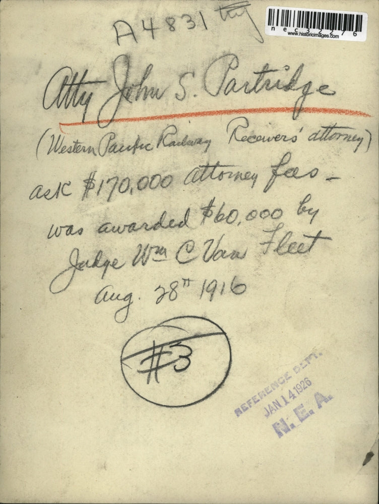 1926 Press Photo Atty, John S.Partridge of Western Pacific Railway Recovers'.