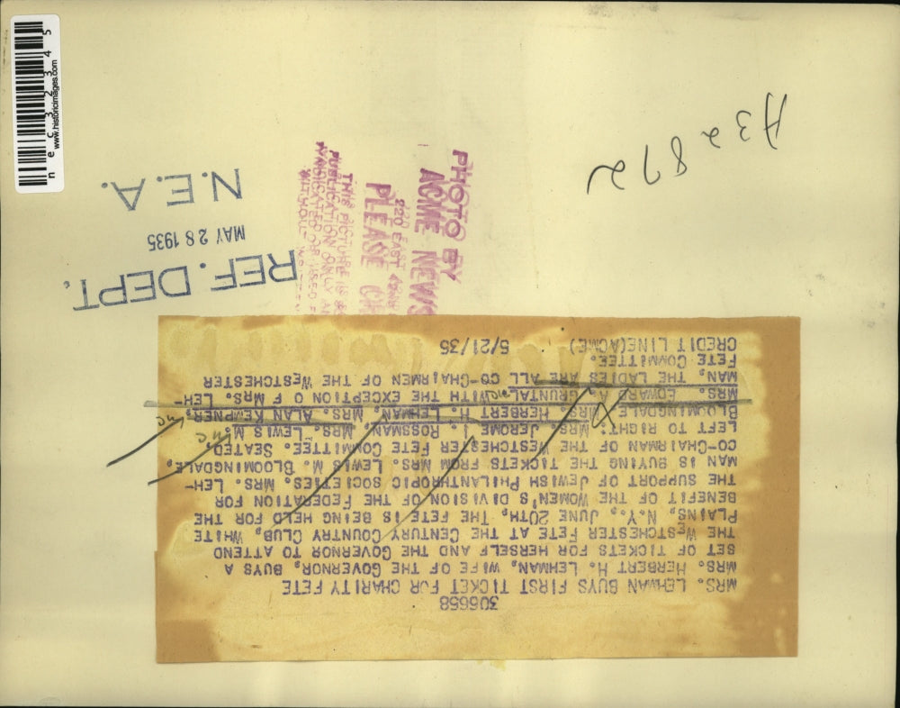 1935 Press Photo NY Gov wife Mrs HH Lehman, Mr sJ Rossman,Mrs L Bloomingdale,