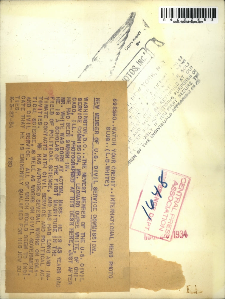 1934 Press Photo D.C. Leonard Dupee White, US Civil Service Commission