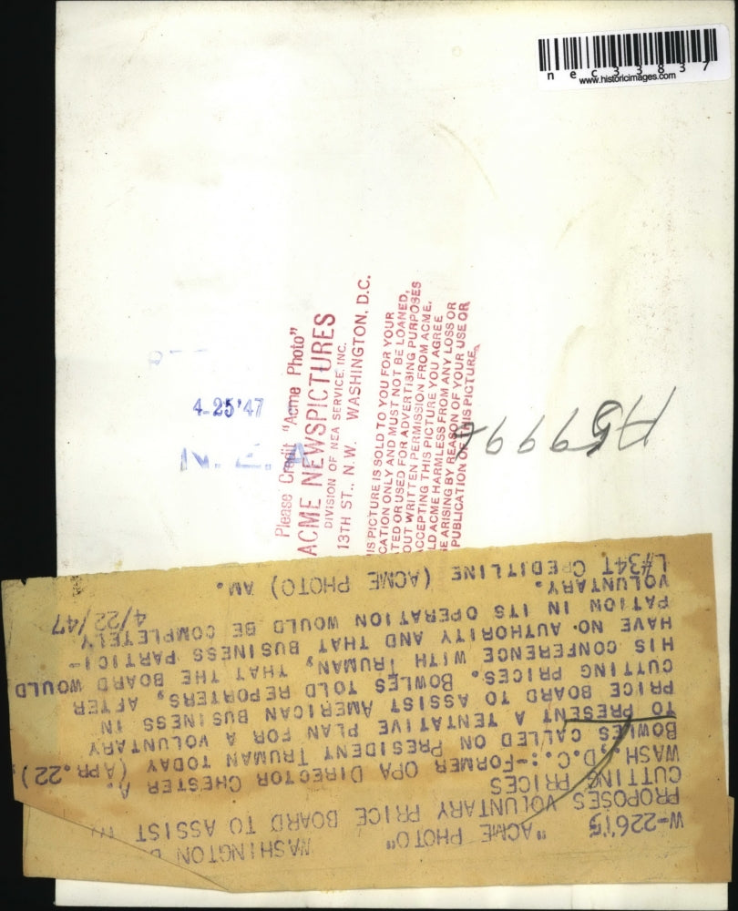 1947 Press Photo Chester Bowles calls on president Truman. Washington, DC